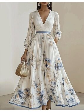 Fehaute V Neck Long Sleeve Pleated Floral Dress
